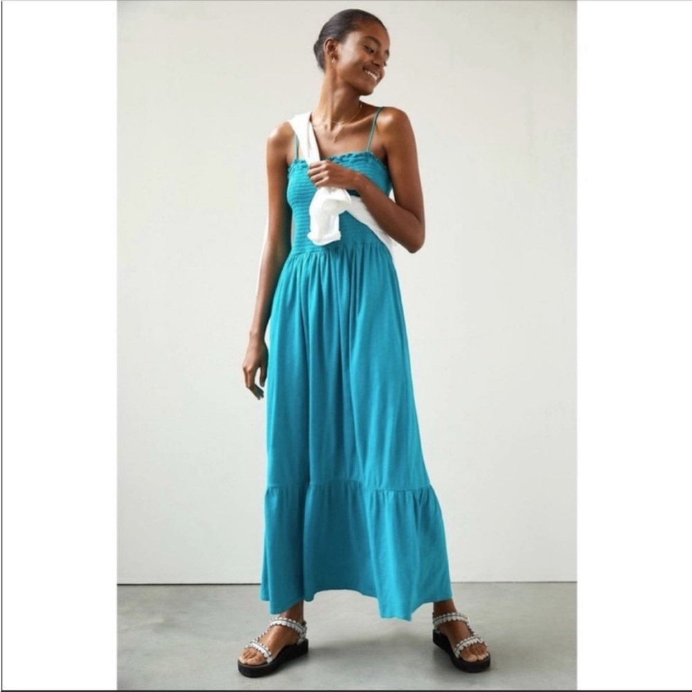 ANTHROPOLOGIE Smocked Bodice Maxi Dress Flounced Lounge Pullover Teal S NWT